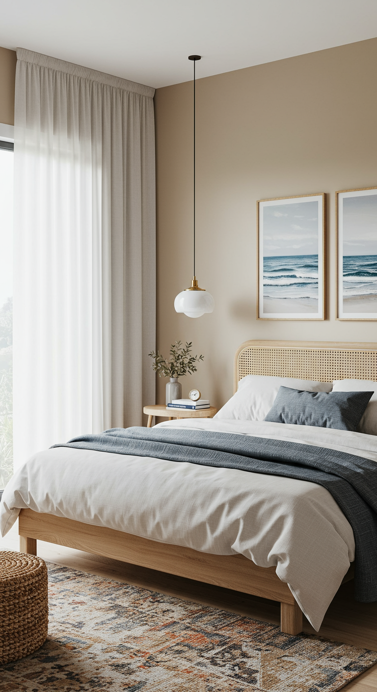 Helles Schlafzimmer in Erdtönen mit Rattan-Kopfteil und maritimen Akzenten.