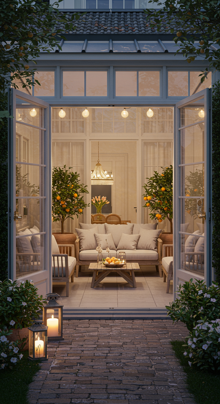 Heller Wintergarten mit weißen Sprossenfenstern, gemütlichen Sofas und Orangenbäumchen.
