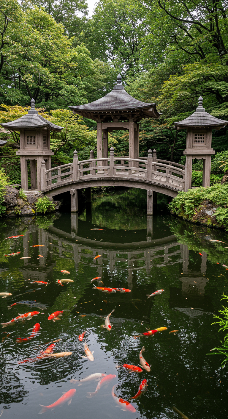 Japanischer Holzpavillon mit Brücke über einem Koiteich voller Fische.