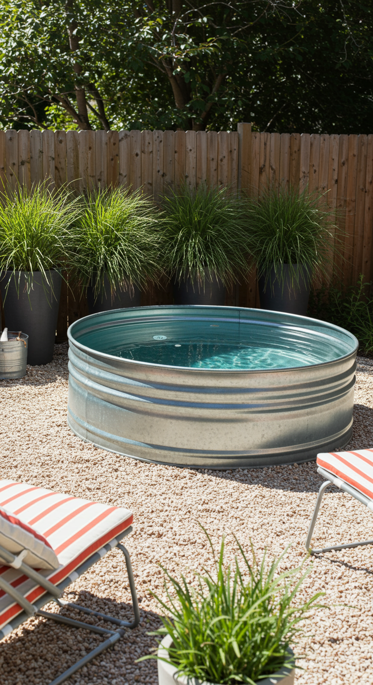 Stock-Tank-Pool (verzinkte Viehtränke) als Minipool auf Kiesfläche mit Liegestühlen.