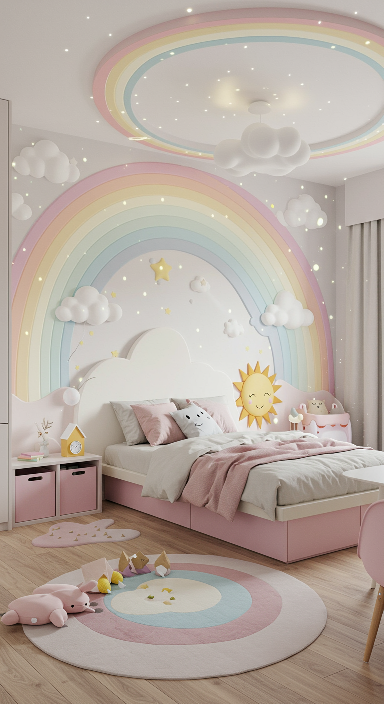 Kinderzimmer mit Regenbogen an der Wand, Wolken-Bett und Pastellfarben.