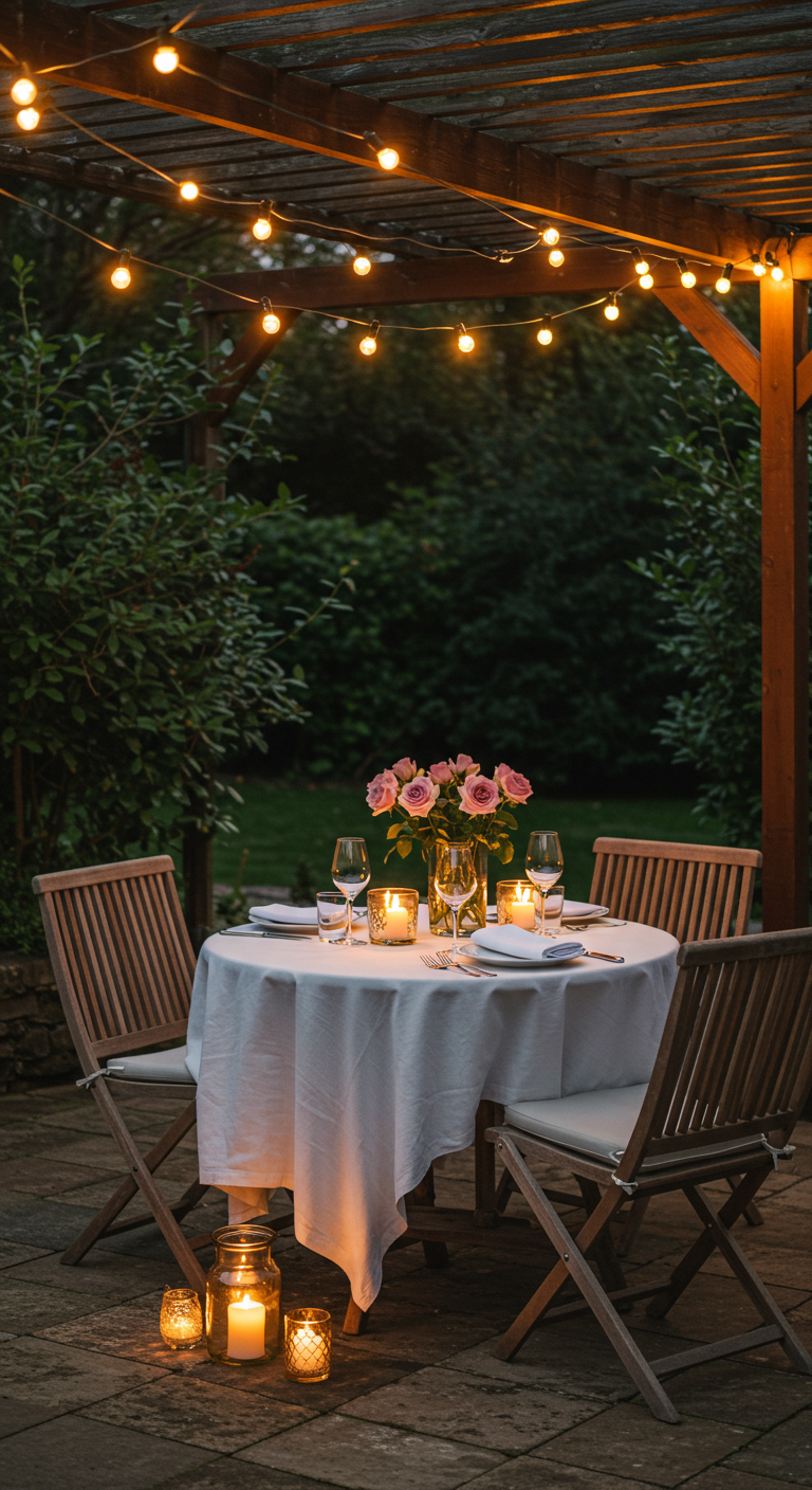 Romantisch gedeckter Esstisch im Freien mit Lichterketten und Kerzen bei Nacht.