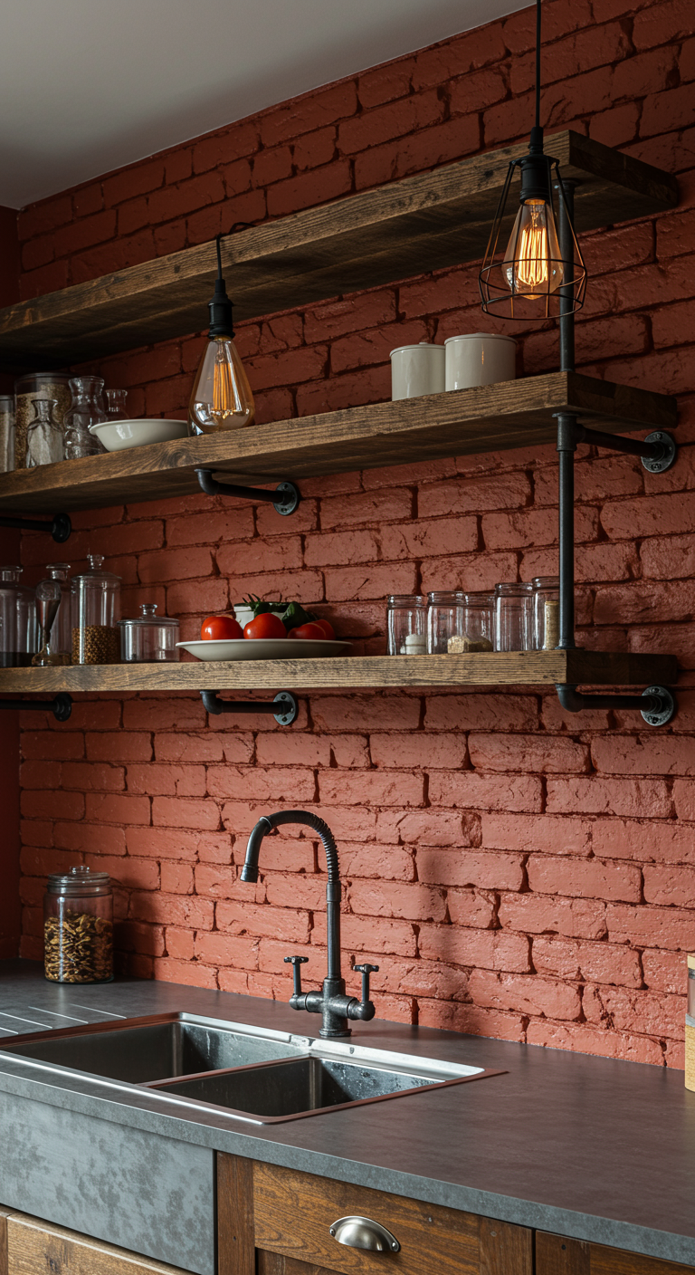 Küche mit roter Backsteinwand, offenen Holzregalen und Industrie-Lampen.
