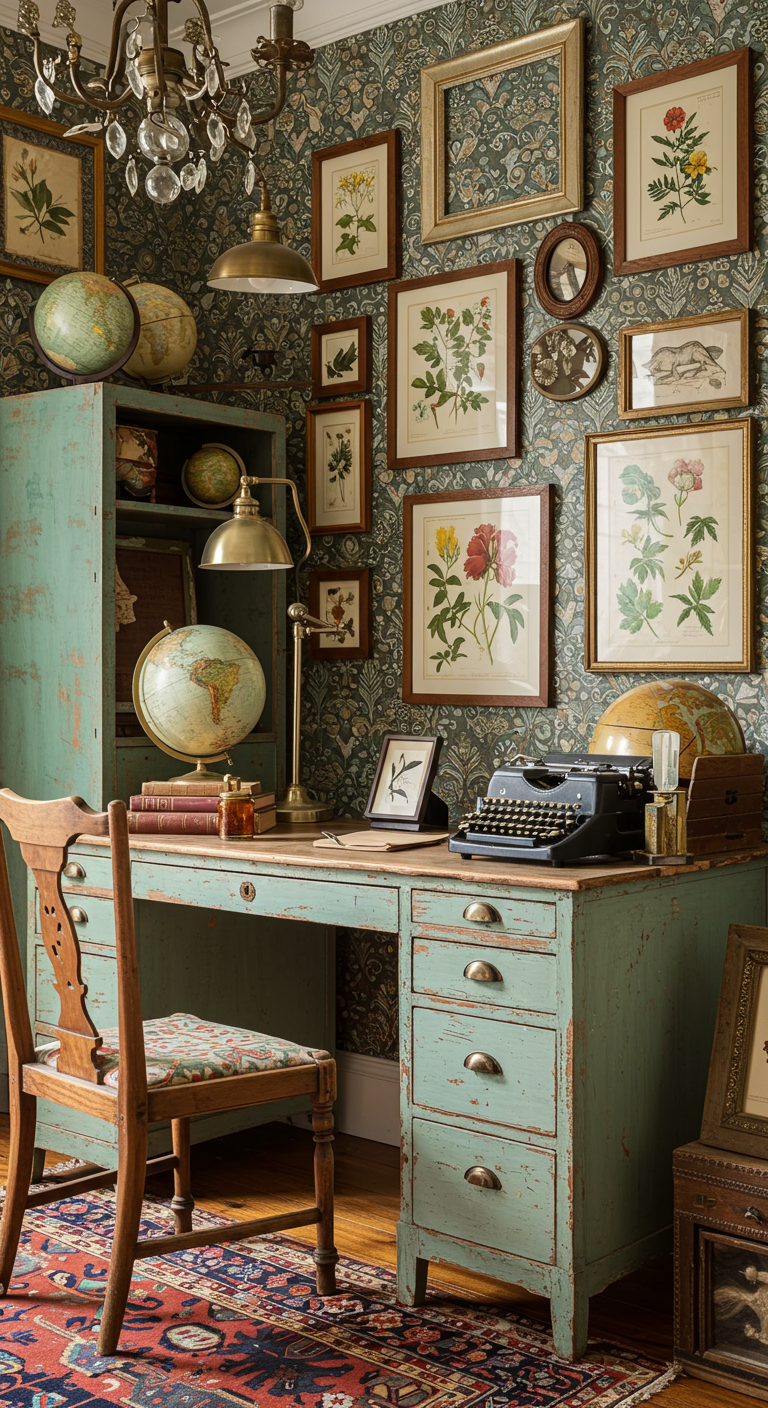Vintage Home-Office mit mintgrünem Schreibtisch und botanischer Bilderwand.