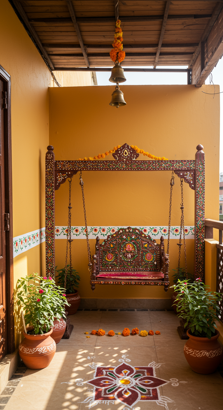 Traditionelle indische Schaukel (Jhoola) auf Balkon mit Rangoli und Tagetes.