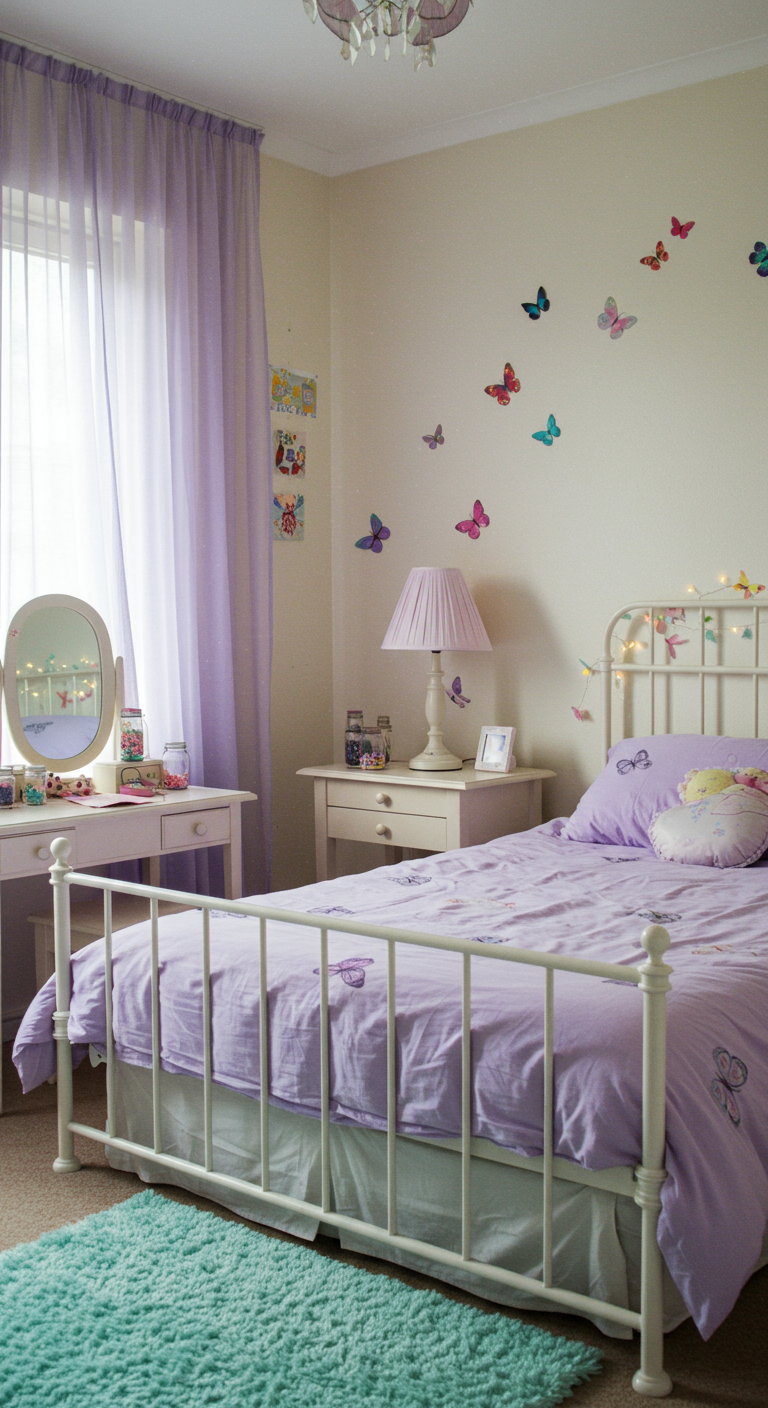 Mädchenzimmer in Lavendeltönen mit Schmetterlings-Wandstickern und Lichterketten.