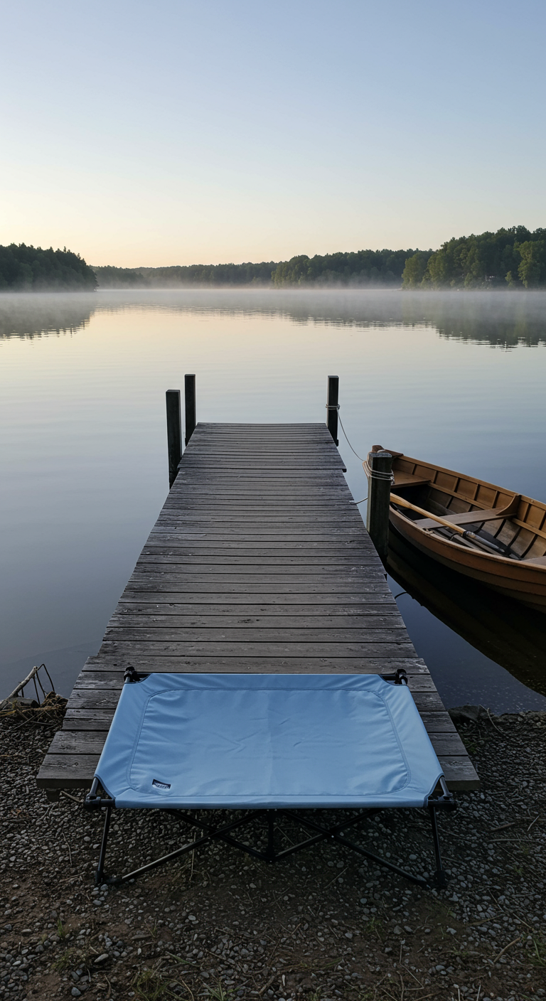 Blaues, tragbares Outdoor-Bett am Ufer eines Sees mit Holzsteg und Ruderboot.