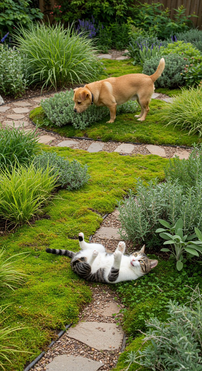 Katze liegt auf moosigem Pfad, Hund schnüffelt im Hintergrund, umgeben von Pflanzen