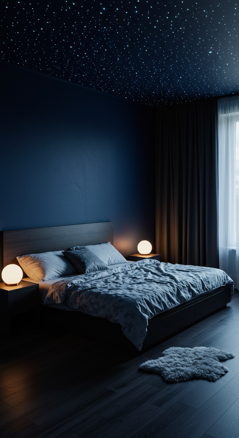 Dunkelblaues Schlafzimmer mit Sternenhimmel-Decke und Kugellampen.