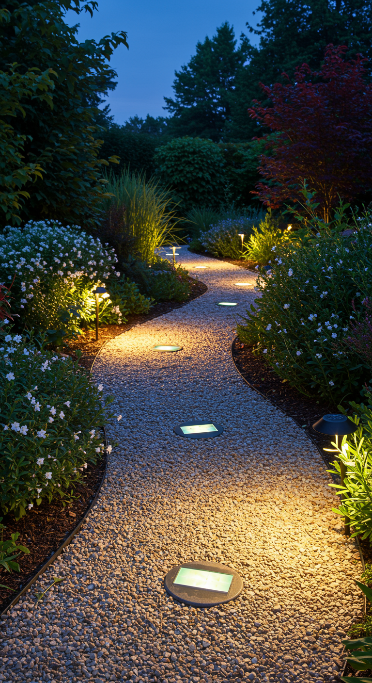 Kiesweg bei Nacht mit eingebetteten Bodenleuchten.