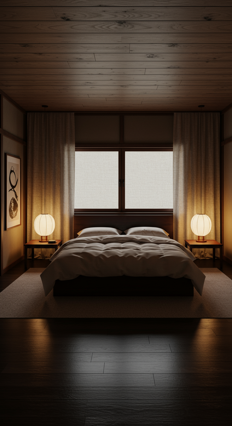 Symmetrisches Japandi-Schlafzimmer mit zwei Nachttischlampen und dunklem Holzbett.