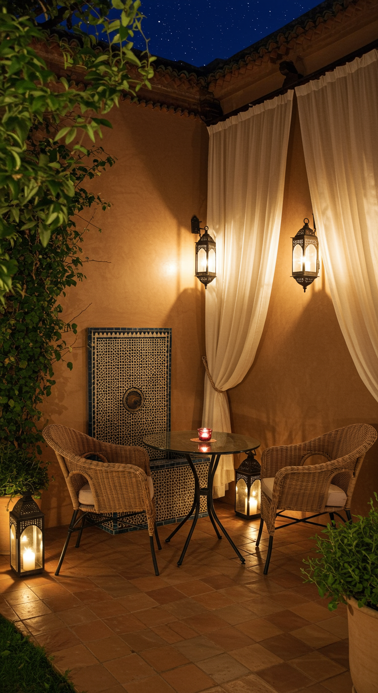 Kleine Terrasse mit Korbsesseln, Vorhängen und marokkanischer Mosaikwand.