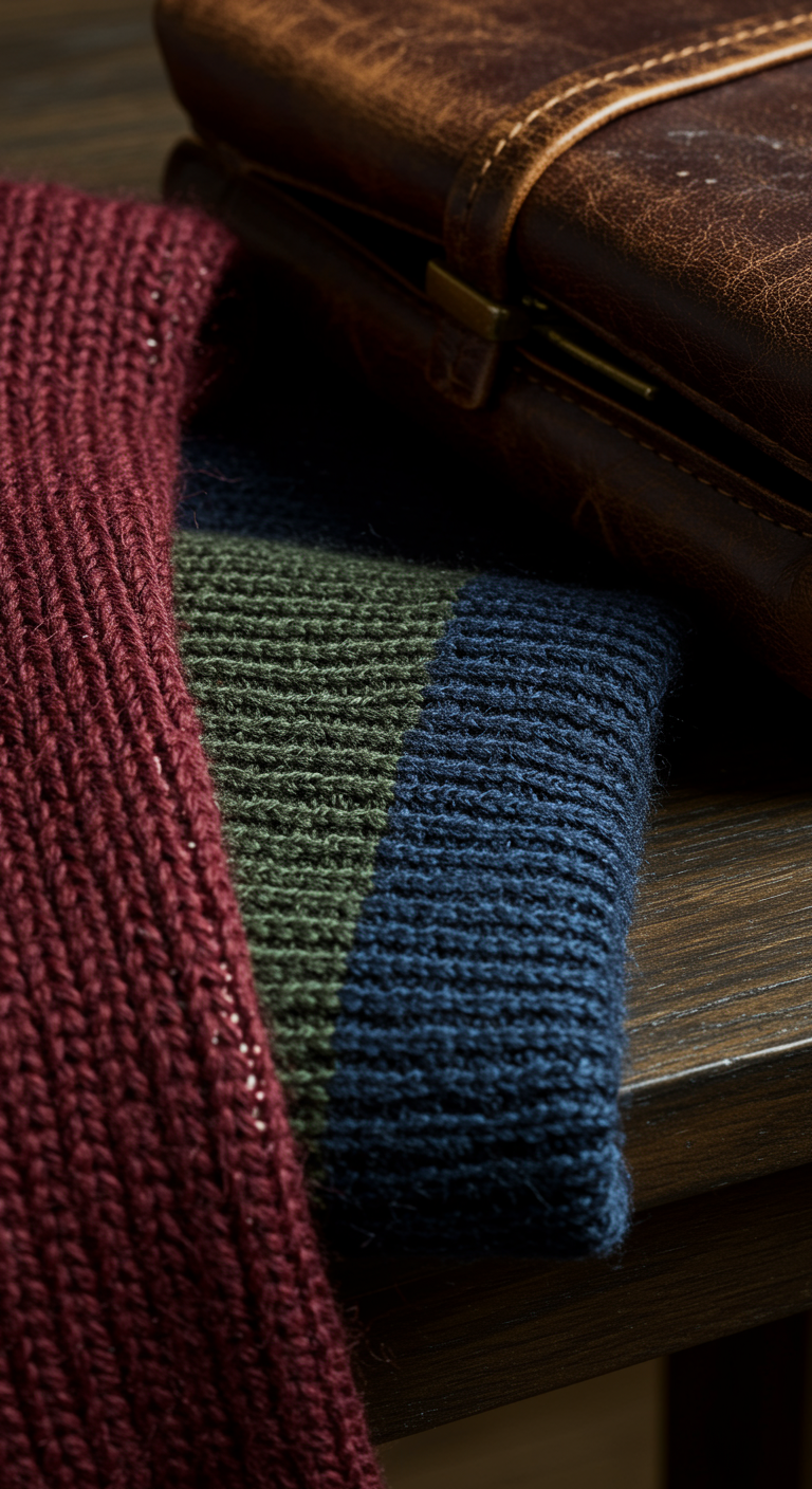 Nahaufnahme eines gestrickten Schals in Bordeaux, Grün, Blau neben einer Ledertasche.