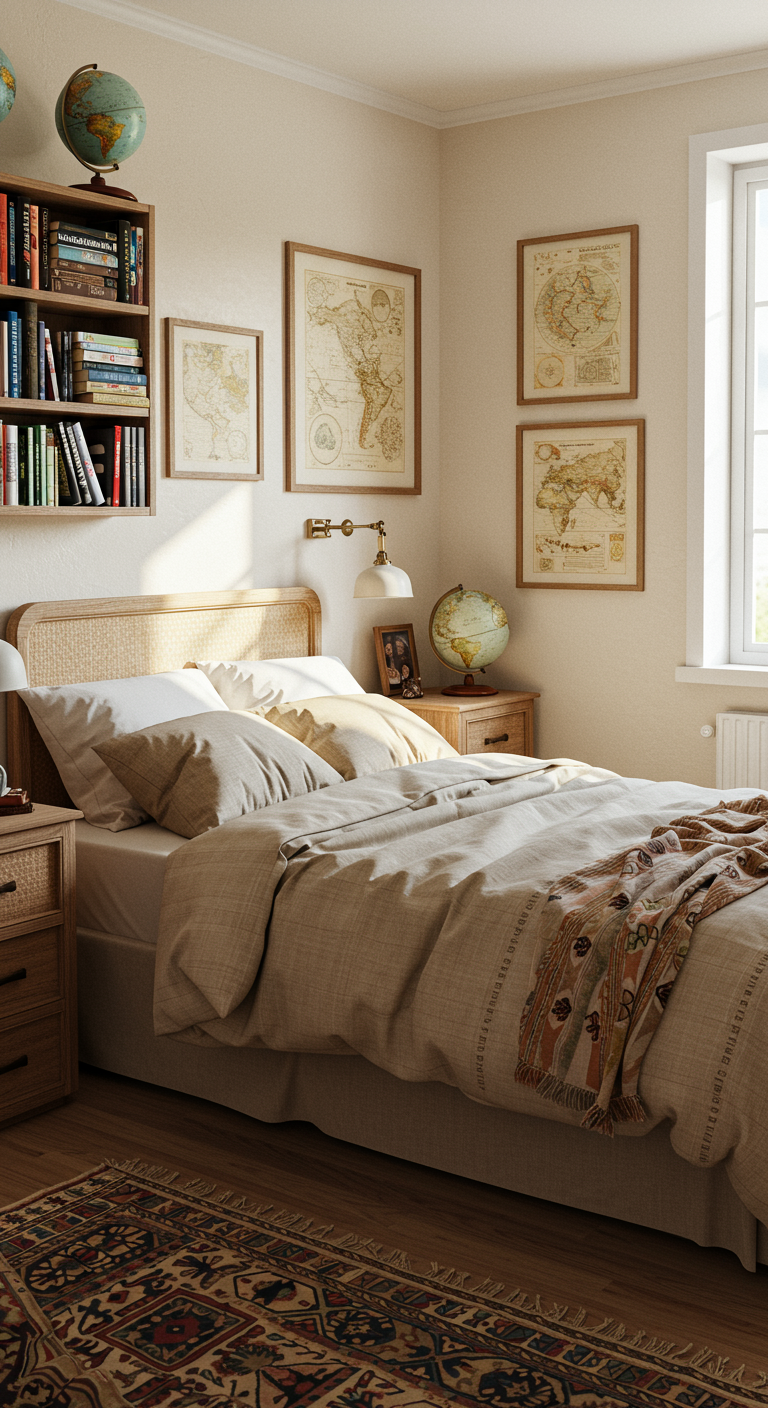 Schlafzimmer mit Wiener-Geflecht-Bett, historischen Weltkarten an der Wand und Globus.