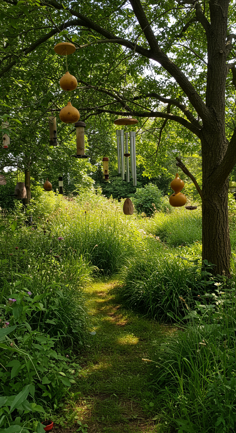 Wildromantischer Garten mit hohem Gras, Bäumen, großem Windspiel und Vogelhäuschen.