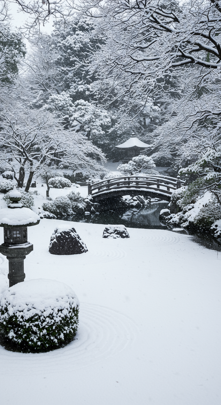 Verschneiter japanischer Garten mit Brücke, Steinlaterne und schneebedeckten Bäumen.