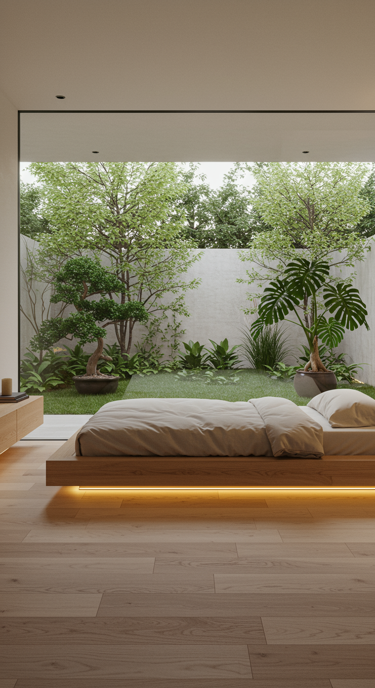 Minimalistisches Schlafzimmer mit Holzbett und großem Fenster zum begrünten Innenhof.