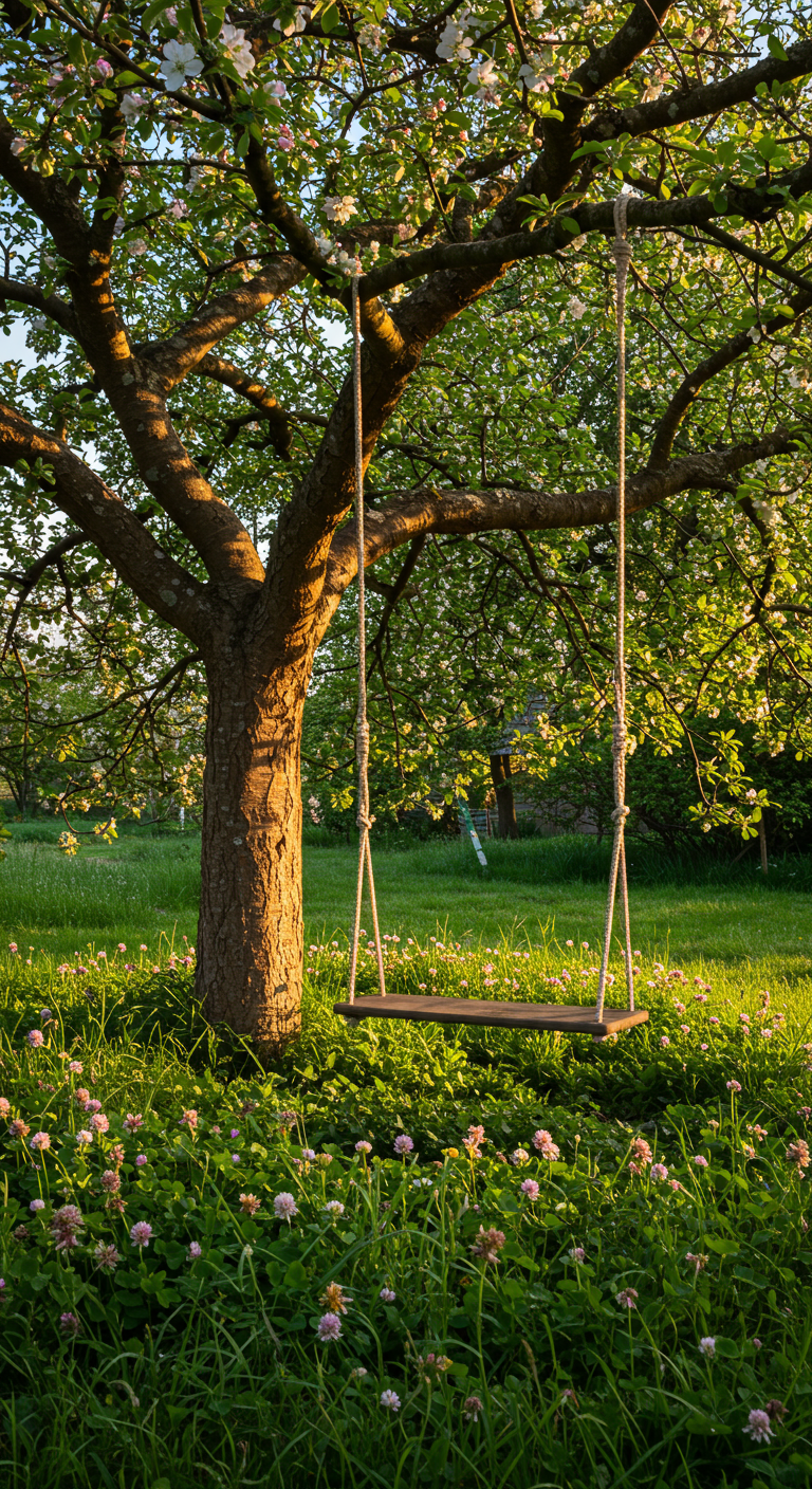 Holzschaukel hängt an einem blühenden Apfelbaum im Abendlicht.
