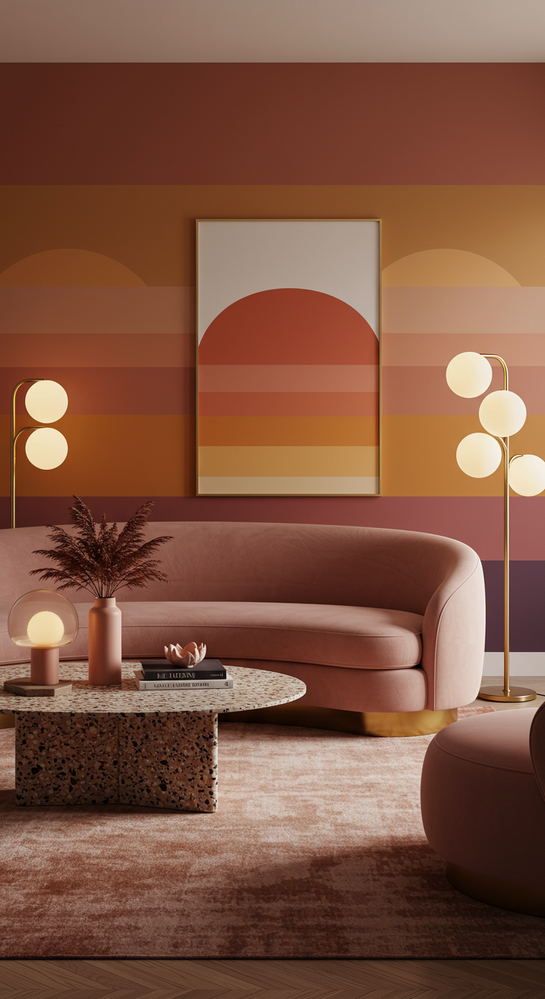 Wohnzimmer mit gestreifter Wand in Sonnenuntergangsfarben und rosa Sofa.
