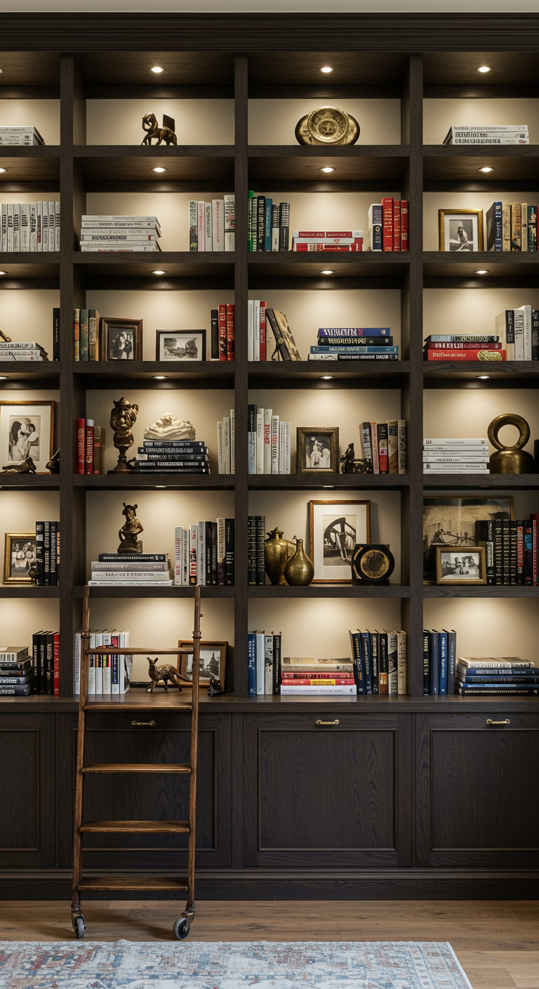 Große dunkle Bücherwand mit integrierter Beleuchtung, Büchern und Deko-Objekten.