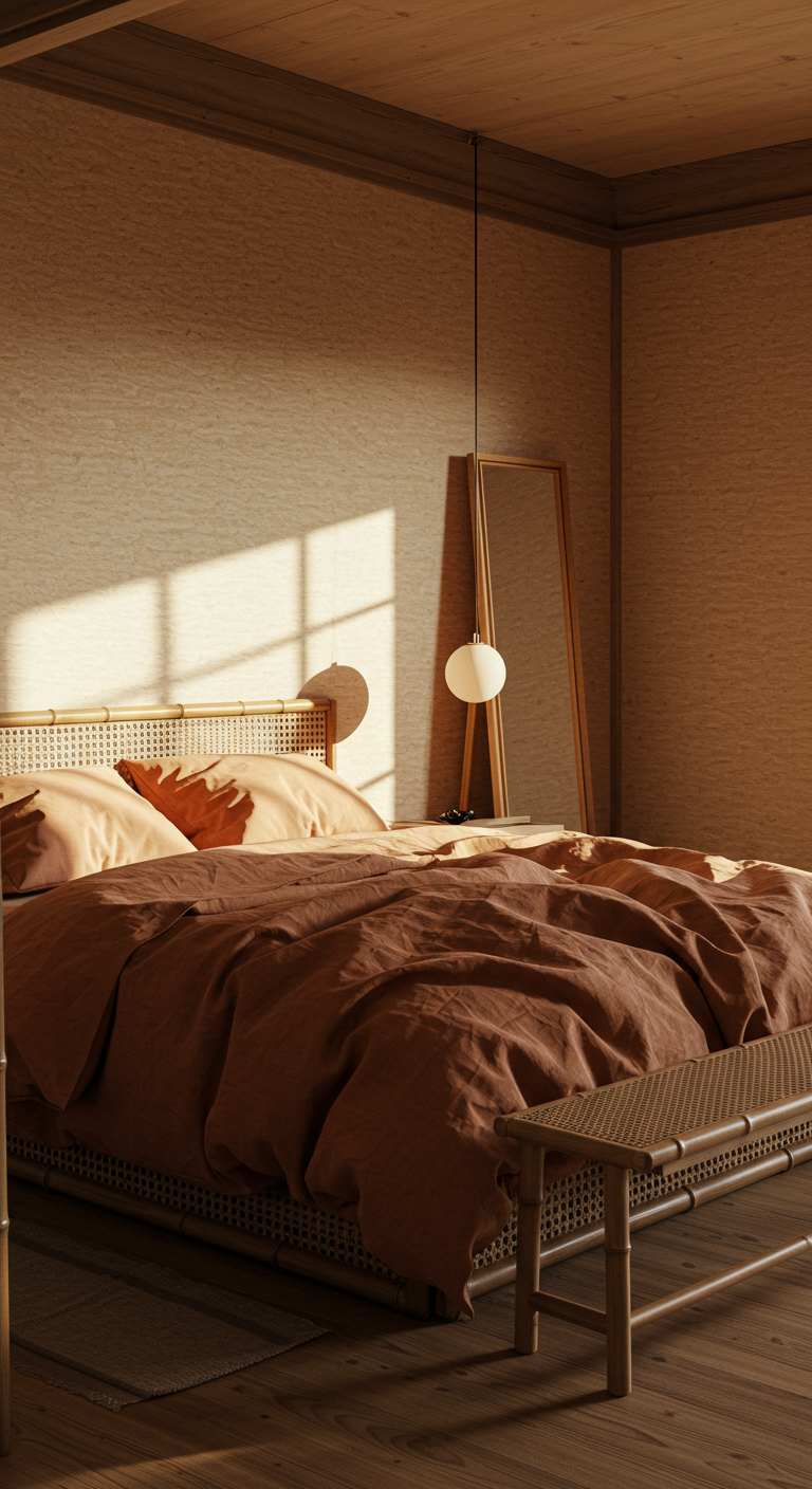 Japandi Schlafzimmer mit Rattanbett und terrakottafarbener Bettwäsche.