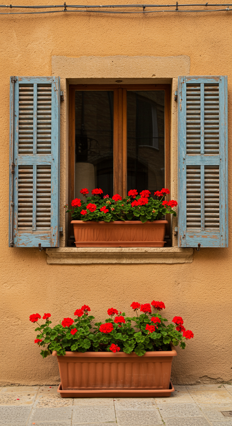 Fenster mit blauen Läden, davor ein Terrakotta-Blumenkasten mit roten Geranien.