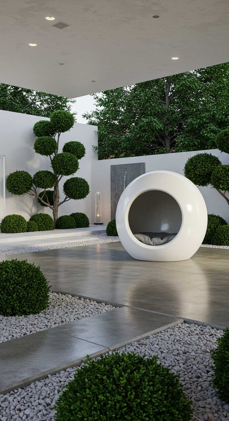 Weiße, kugelförmige Outdoor-Höhle mit Kissen in einem modernen, minimalistischen Garten.