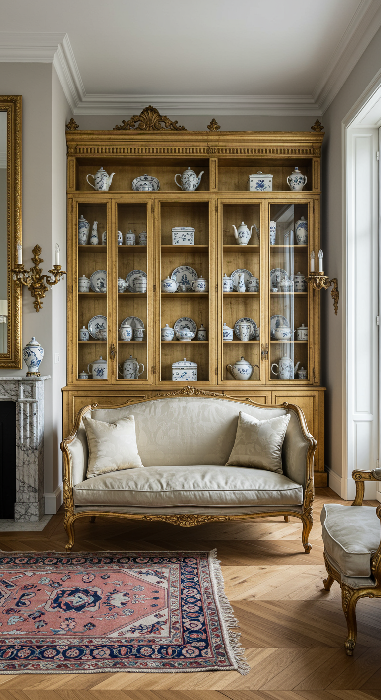 Goldene Vitrine mit blau-weißem Porzellan in klassischem Wohnzimmer.