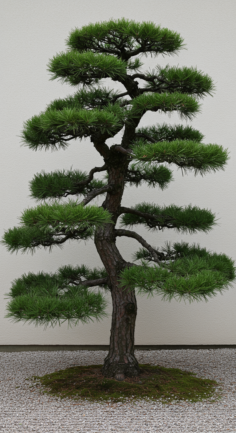 Sorgfältig formgeschnittene japanische Kiefer (Niwaki) vor einer weißen Wand.