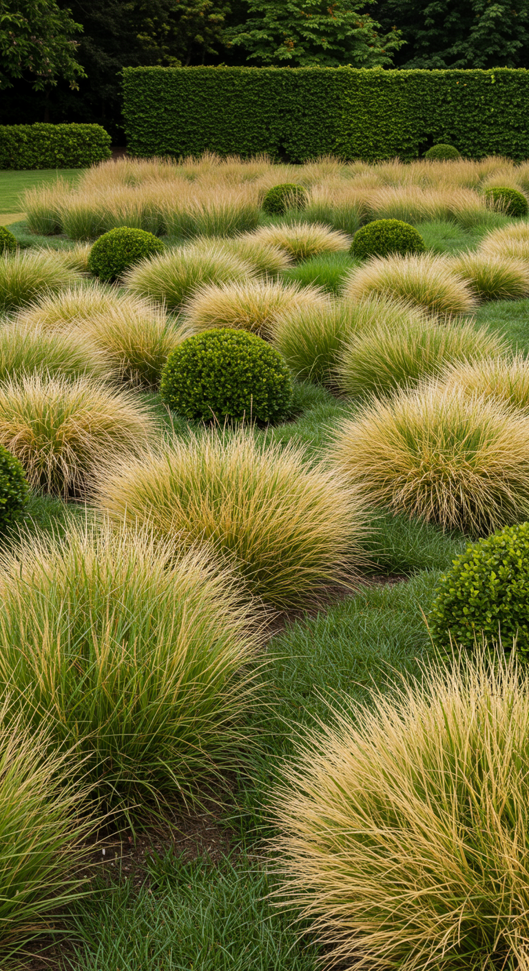 Gartenfläche mit vielen Büscheln goldgelben Ziergrases und eingestreuten Buchsbaumkugeln.