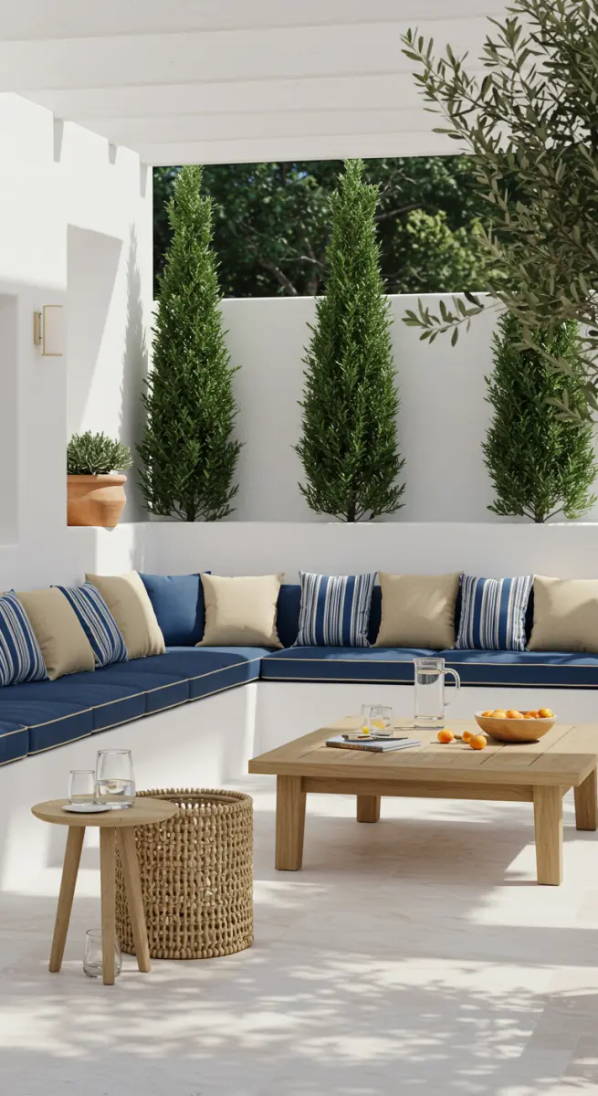 Mediterrane Terrasse mit weißer Eckbank, blauen Polstern, Holztisch und Zypressen.