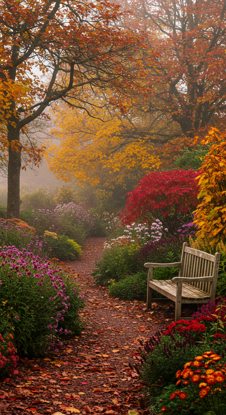 Herbstlicher Gartenweg mit buntem Laub, leuchtenden Bäumen und einer Holzbank.