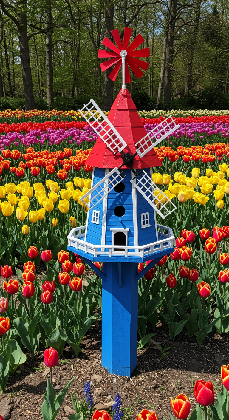 Blau-rotes Windmühlen-Vogelhaus inmitten eines Feldes bunter Tulpen.