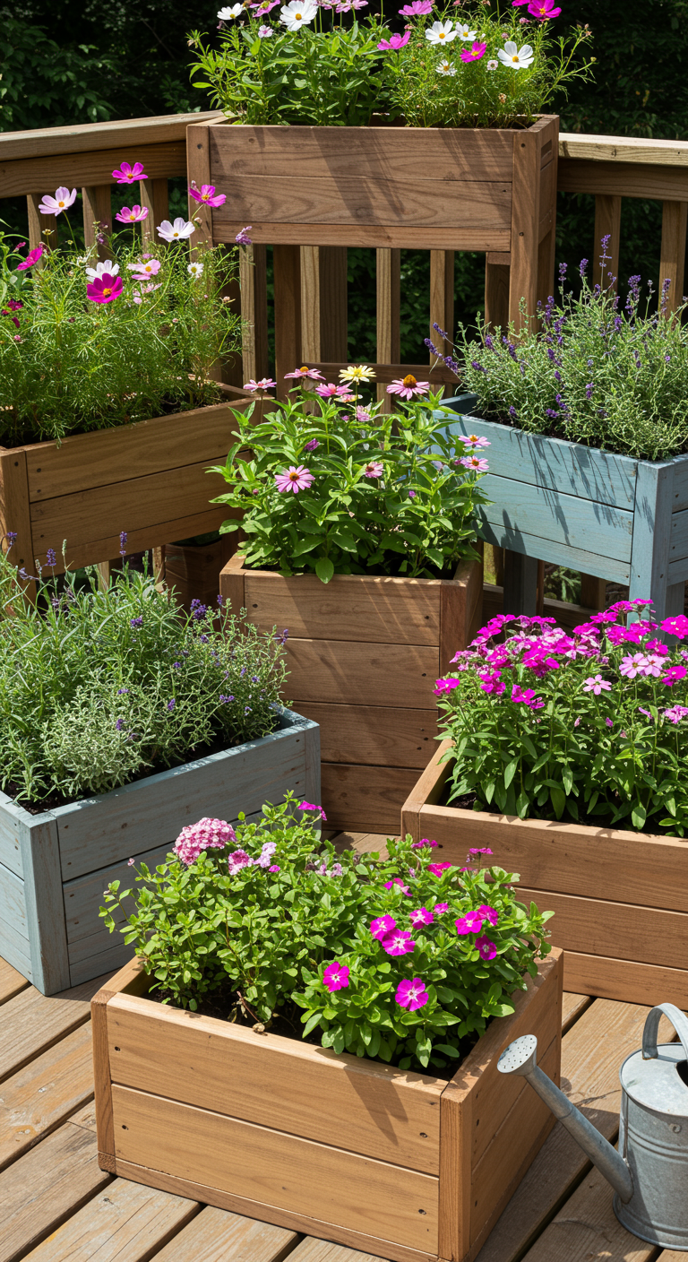 Holz-Pflanzkästen in verschiedenen Größen mit bunten Blumen auf einem Deck