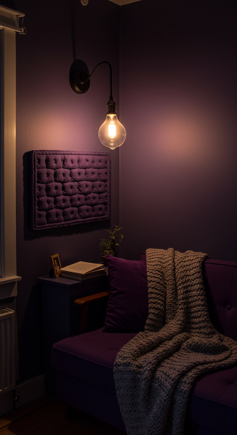 Dunkelvioletter Raum mit Sofa, Beistelltisch und einer Wandlampe mit Glühbirne.