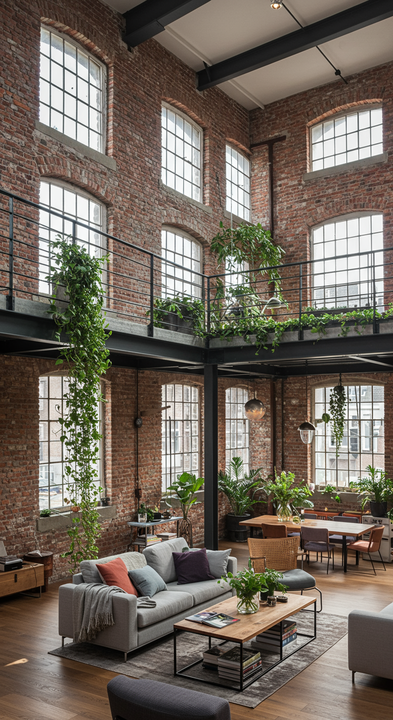 Großes Loft mit hohen Backsteinwänden, Industriefenstern und einer Galerie.