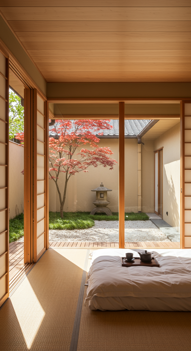 Japandi-Schlafzimmer mit Futonbett, Shoji-Türen und Blick auf japanischen Ahorn.