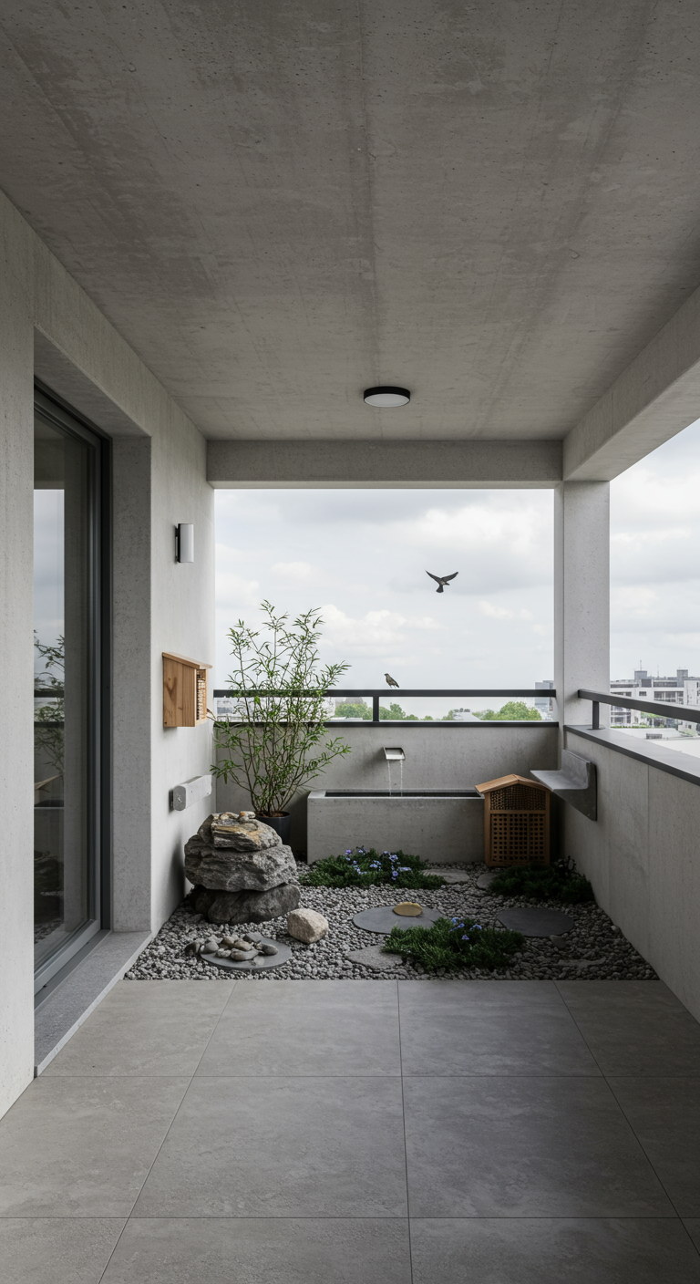 Japanisch inspirierter Balkon mit Kies, Steinen, Wasserbecken, Bambus und Vogelhäuschen.
