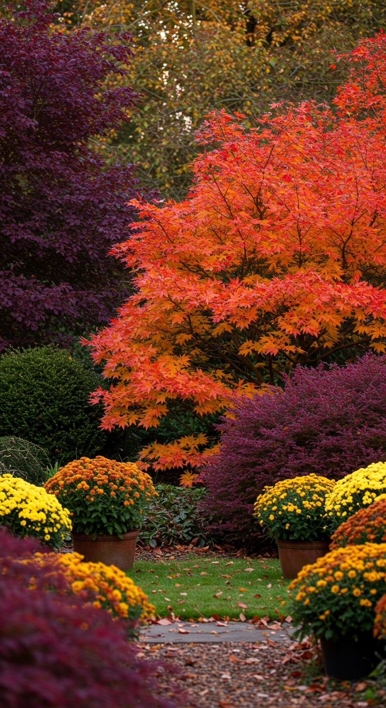 Ein Japanischer Ahorn mit leuchtend orange-rotem Herbstlaub inmitten anderer Sträucher und Chrysanthemen.