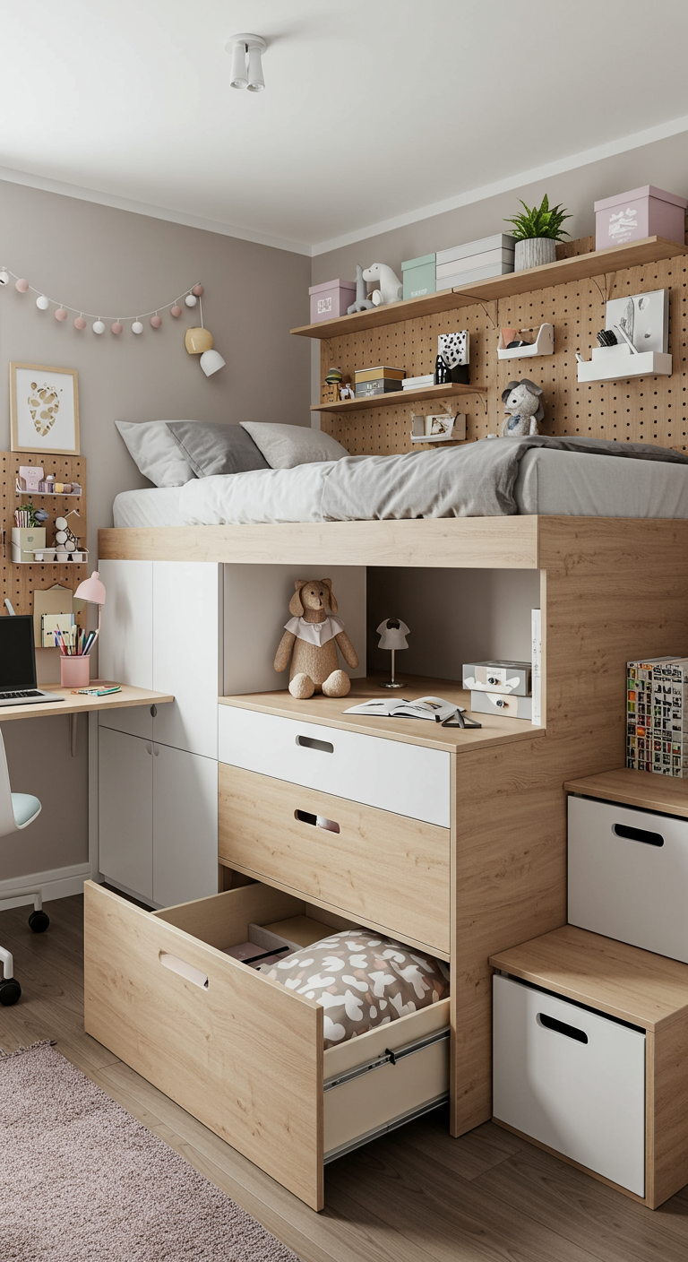 Kinderzimmer mit Hochbett, integriertem Schreibtisch und viel Stauraum in Holzoptik.