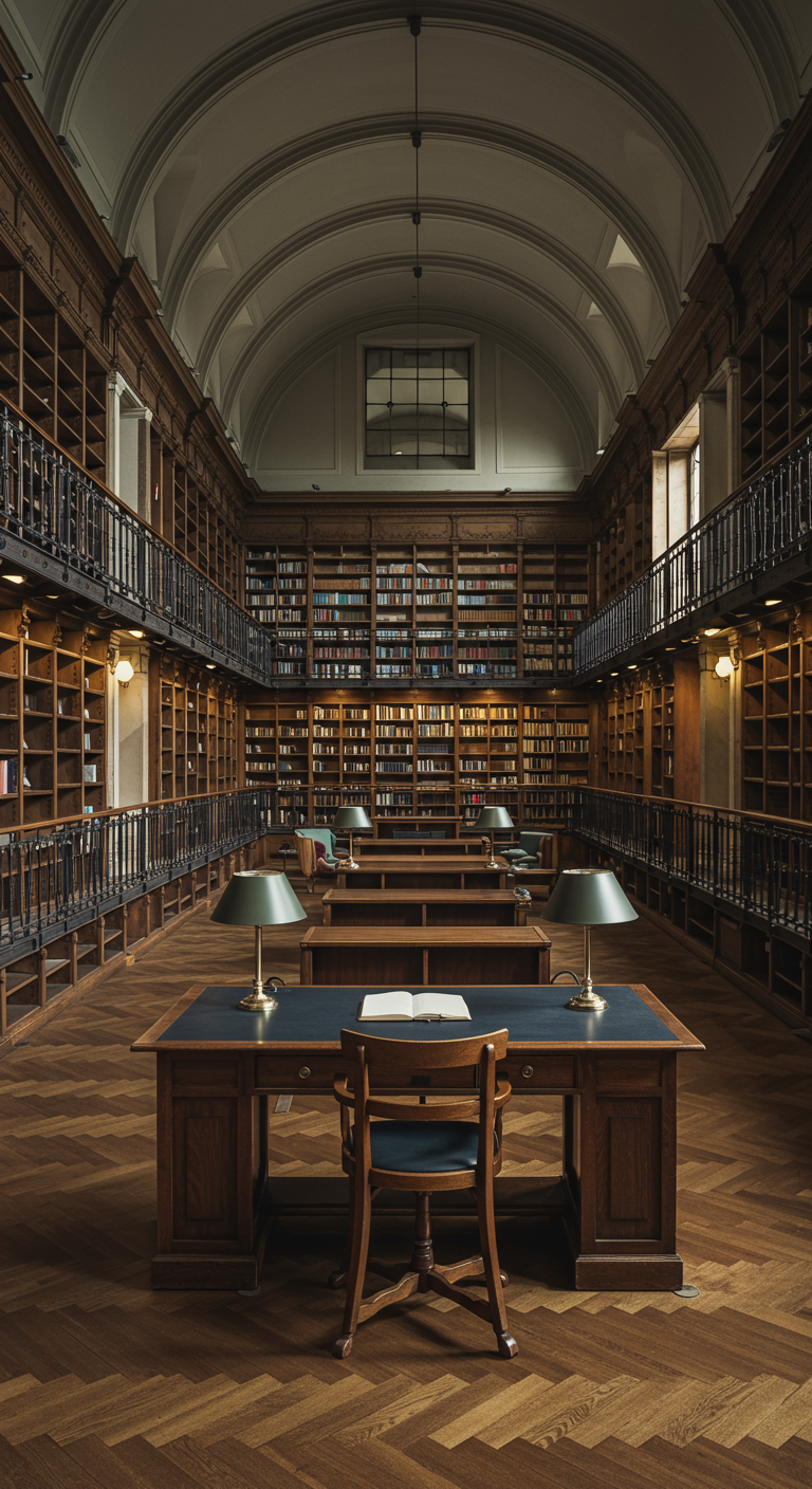 Große, zweistöckige Bibliothek mit Galerie, Gewölbe und Lesetischen.