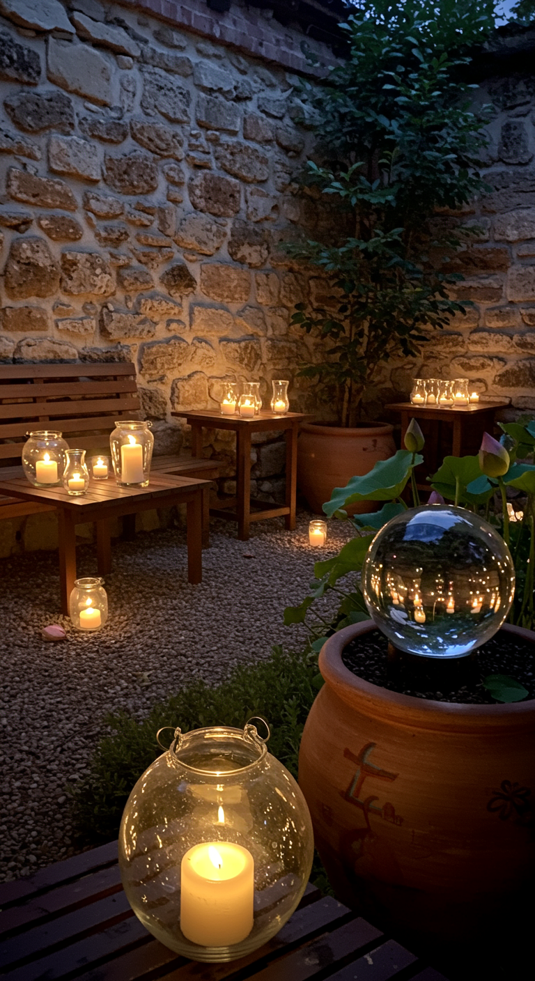 Kiesgarten mit Holzmöbeln, beleuchtet von vielen Kerzen in Glas-Windlichtern, Lotus im Topf.