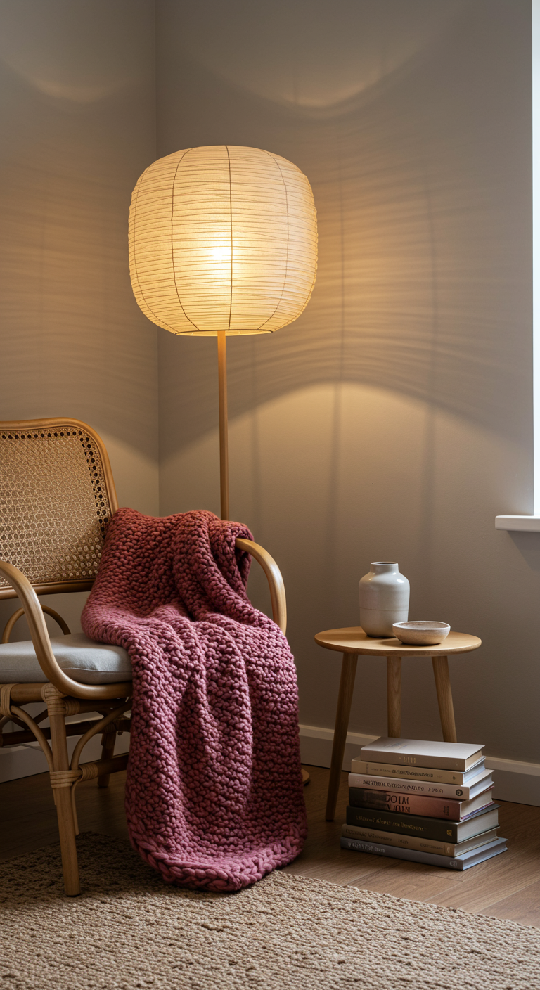 Leseecke mit Rattan-Sessel, rosa Strickdecke und Papier-Stehleuchte.