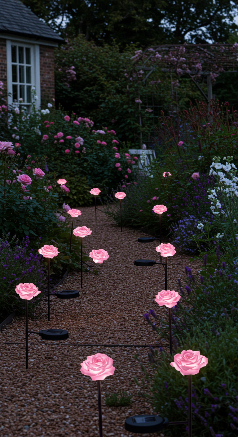 Gartenweg bei Dämmerung, gesäumt von Beeten und beleuchtet von pink leuchtenden Solar-Rosen.