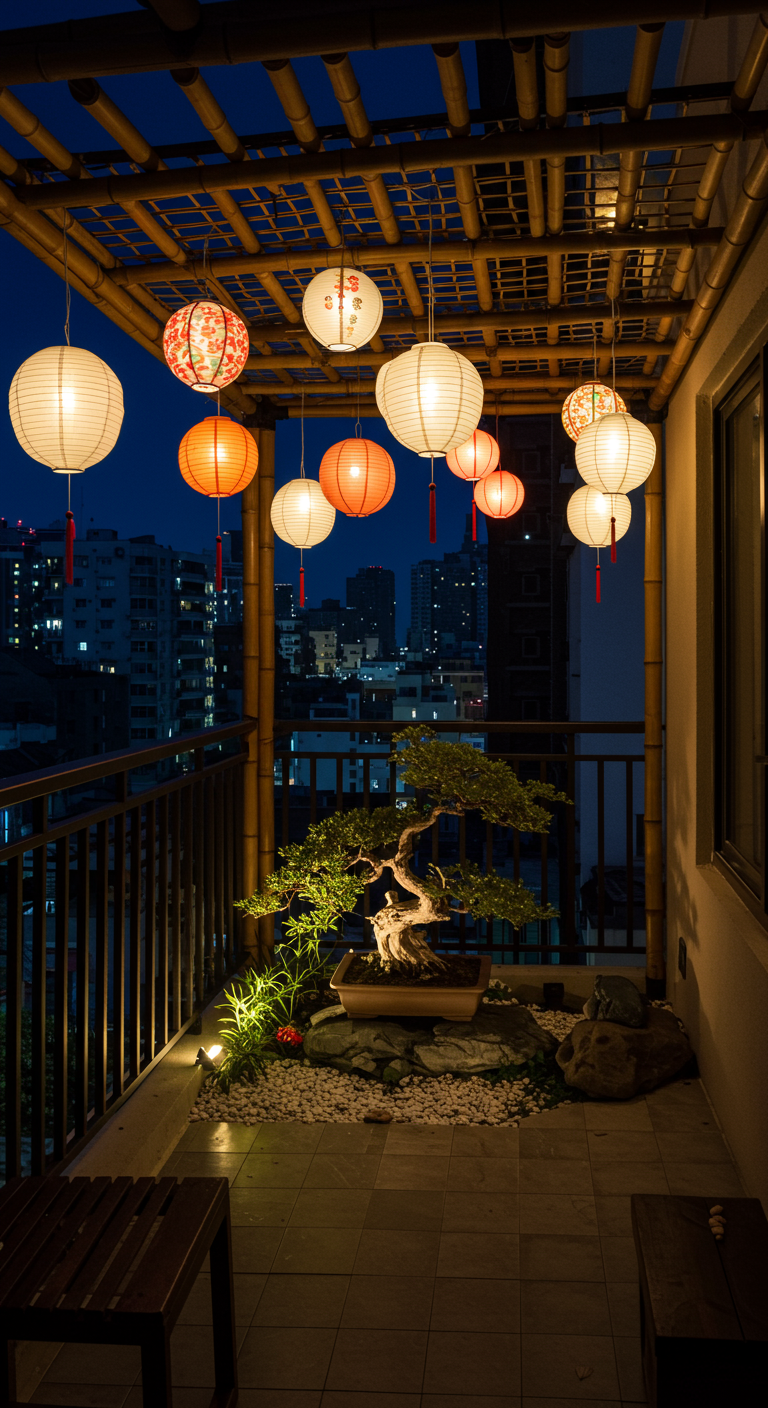 Balkon bei Nacht, beleuchtet von vielen hängenden Papierlaternen.