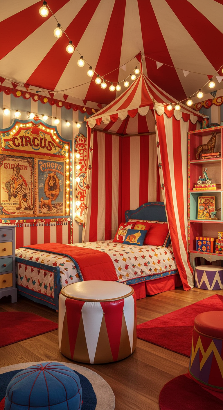 Farbenfrohes Kinderzimmer im Zirkus-Stil mit gestreiftem Zeltdach.