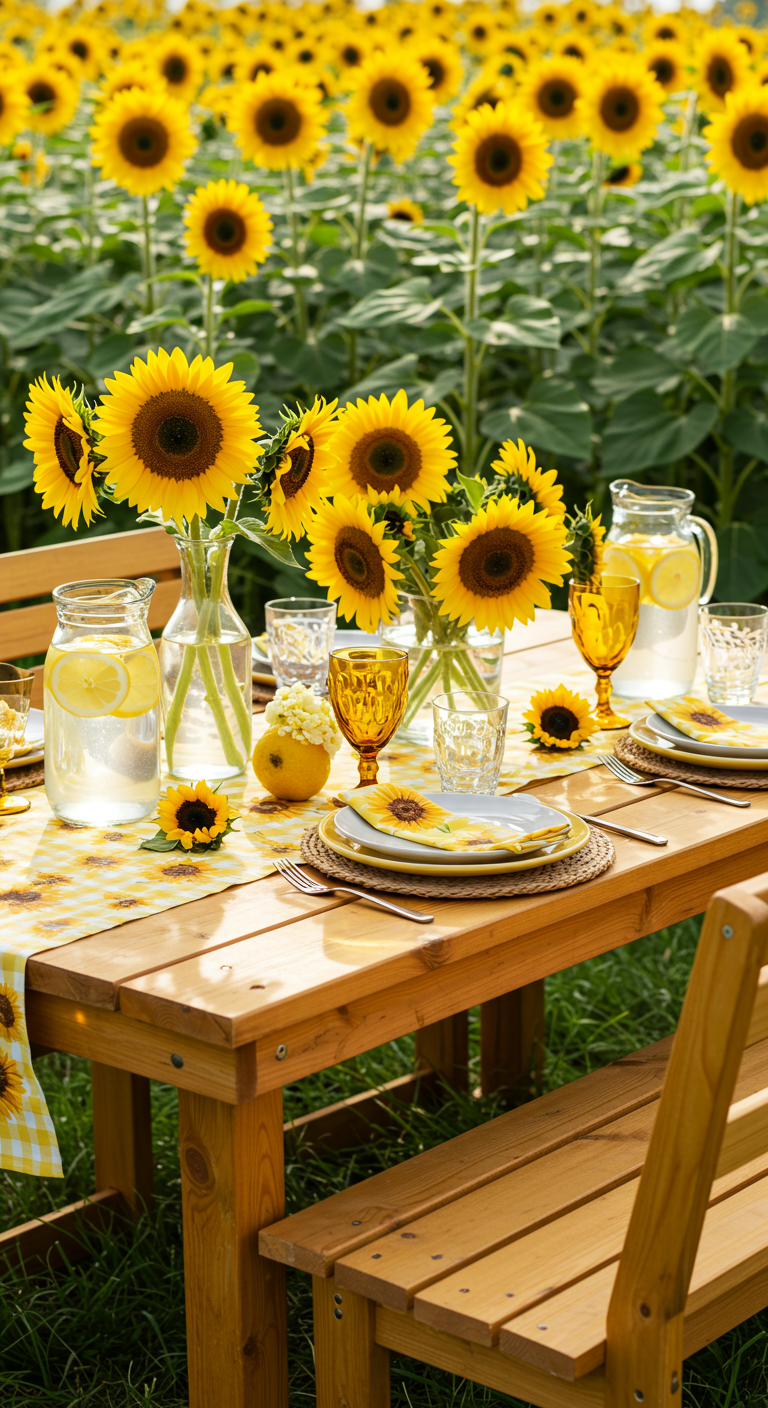 Holztisch inmitten eines Sonnenblumenfeldes, dekoriert mit Sonnenblumen und gelben Akzenten.