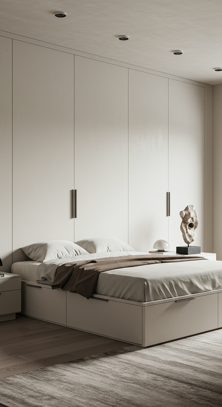 Minimalistisches Schlafzimmer mit integrierten weißen Einbauschränken und Bett mit Stauraum.