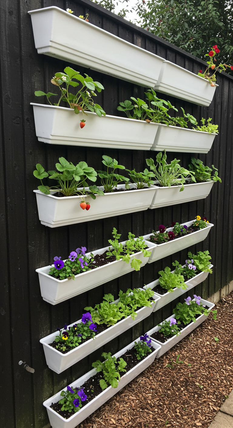 Vertikaler Garten aus weißen Balkonkästen an dunkler Holzwand, bepflanzt mit Erdbeeren und Salat.