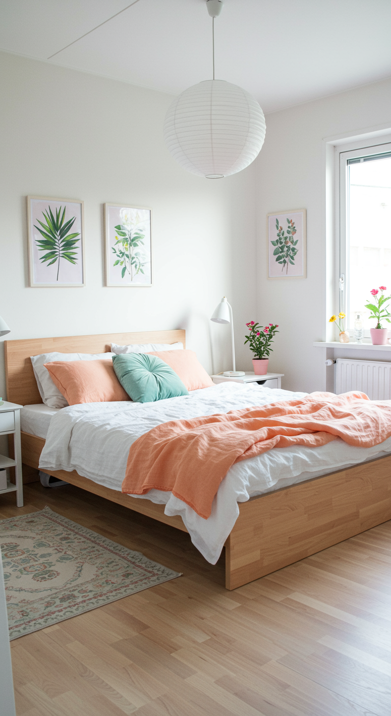 Helles Schlafzimmer mit Holzbett, pfirsichfarbenen Akzenten und Pflanzen.